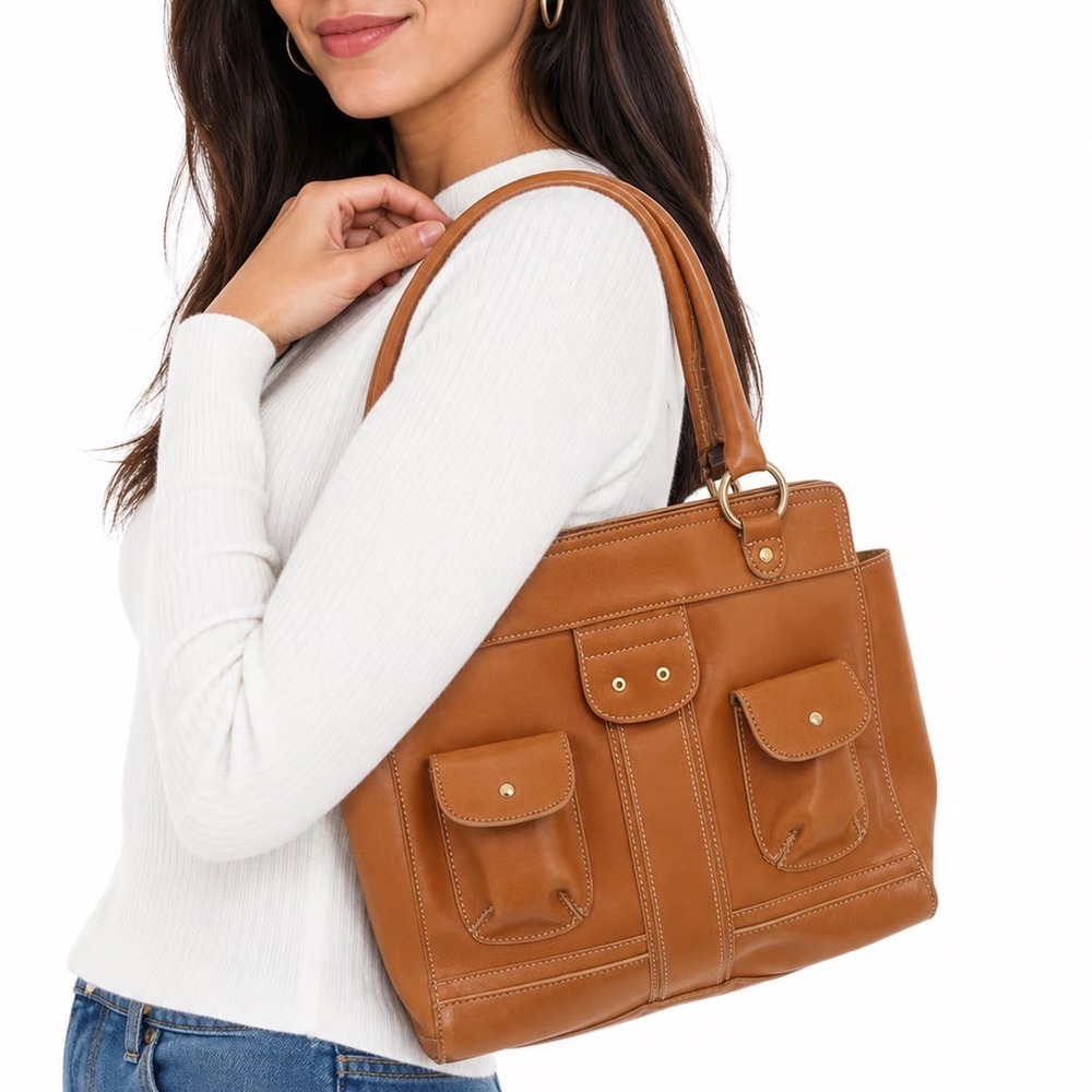 Emilie M Satchel Handbag Womens Large Tan Faux Leather Multi Pocket Fair